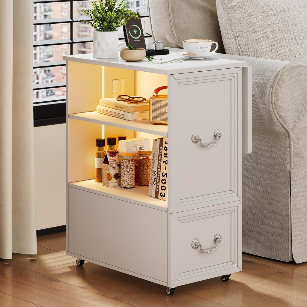 Dystler Side Table with Charging Station and LED Lights, 27.5" Tall Rolling End Table with Drawers and Shelves, Narrow Nightstand with Wheels for Small Space, Living Room, Bedroom, White
