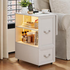 Dystler Side Table with Charging Station and LED Lights, 27.5" Tall Rolling End Table with Drawers and Shelves, Narrow Nightstand with Wheels for Small Space, Living Room, Bedroom, White