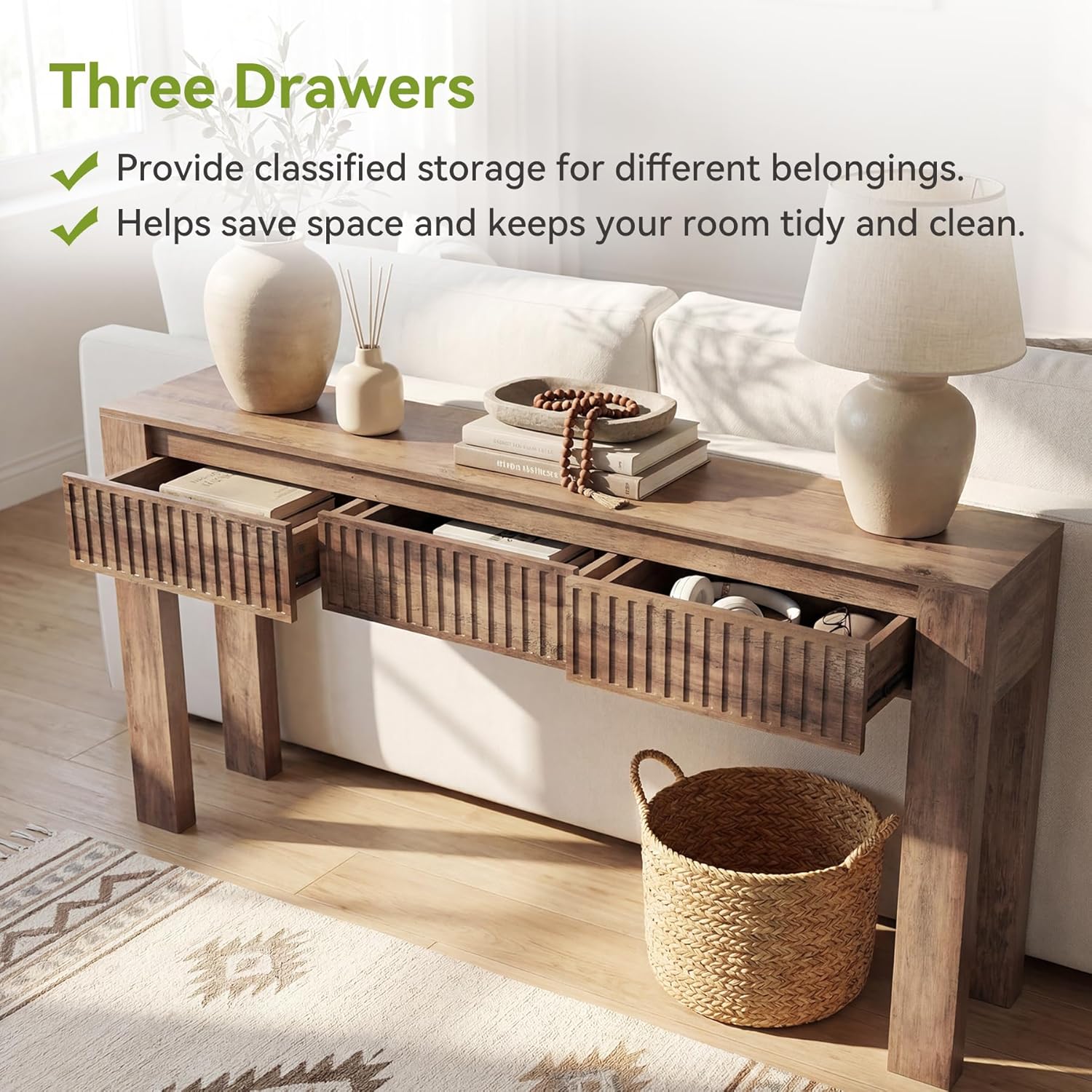 LITTLE TREE 63 Inches Long Console Table with 3 Drawers, Brown Sofa Table Behind Couch for Living Room, Wooden Hallway Foyer Entry Table for Entrance