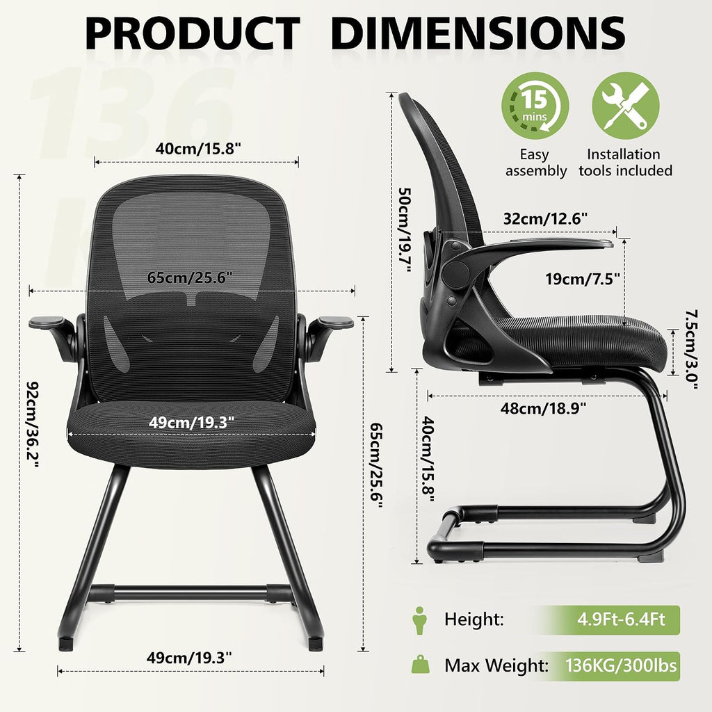 Primy Waiting Room Chairs with Flip Up Arms and Adjustable Lumbar Support, Office Guest Chairs & Reception Chairs for Conference Room, Breathable Mesh Black Desk Chair No Wheels for Guest and Elderly