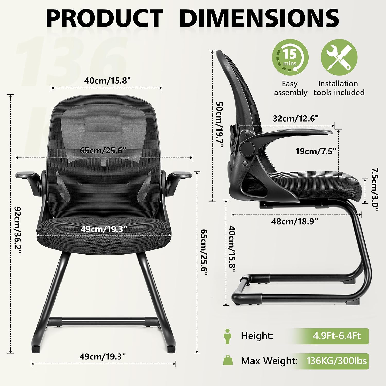 Primy Waiting Room Chairs with Flip Up Arms and Adjustable Lumbar Support, Office Guest Chairs & Reception Chairs for Conference Room, Breathable Mesh Black Desk Chair No Wheels for Guest and Elderly
