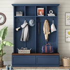Merax Wood Hall Tree with 6 Hooks & Entryway Bench, Farmhouse Mudroom Versatile Coat Racks with 2 Large Drawers, Entrance Organizer for Hallway, Living Room Blue