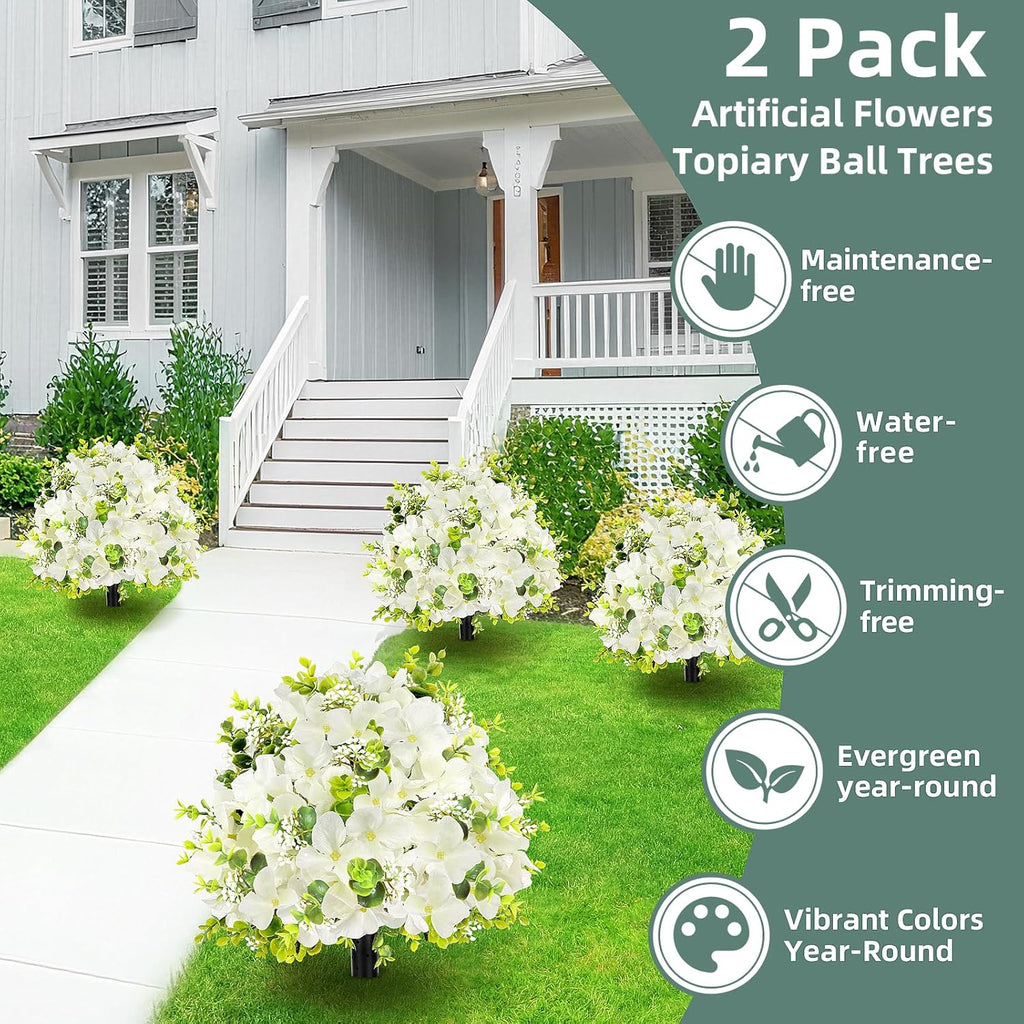 2 Pack Artificial Flowers Topiary Ball Tree, 21.7" Fake Plants with Ground Spike, UV-Resistant Faux Boxwood Shrub, Realistic Evergreen Bushes for Indoor/Outdoor Front Porch & Garden Decor (White)