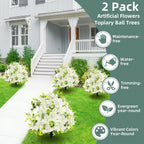 2 Pack Artificial Flowers Topiary Ball Tree, 21.7" Fake Plants with Ground Spike, UV-Resistant Faux Boxwood Shrub, Realistic Evergreen Bushes for Indoor/Outdoor Front Porch & Garden Decor (White)