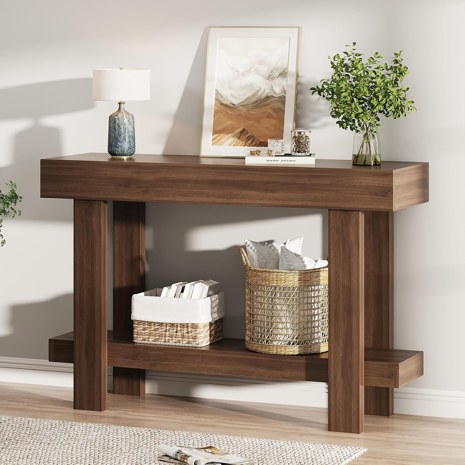 Console Table for Entryway, 47.2" Narrow Farmhouse Sofa Table with Thick Tabletop & Storage Shelf, 2-Tier Modern Wooden Entryway Industrial Table for Hallway, Living Room, Foyer, Behind Couch, Walnut