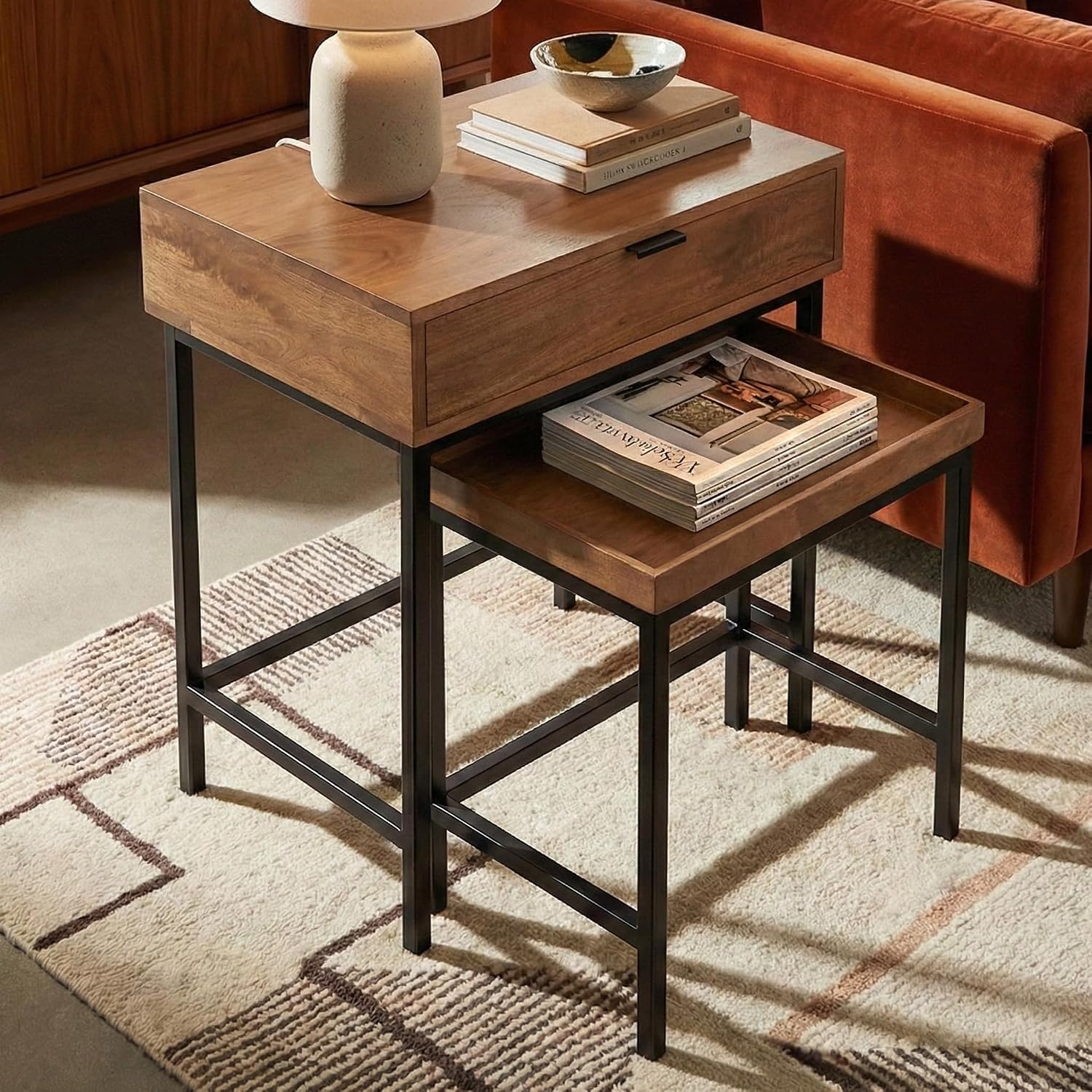 Casartis Living Atelier Nesting Side Table Set of 2 in Honey, Solid Mango Wood with Powder-Coated Iron, Drawer and Tray Top