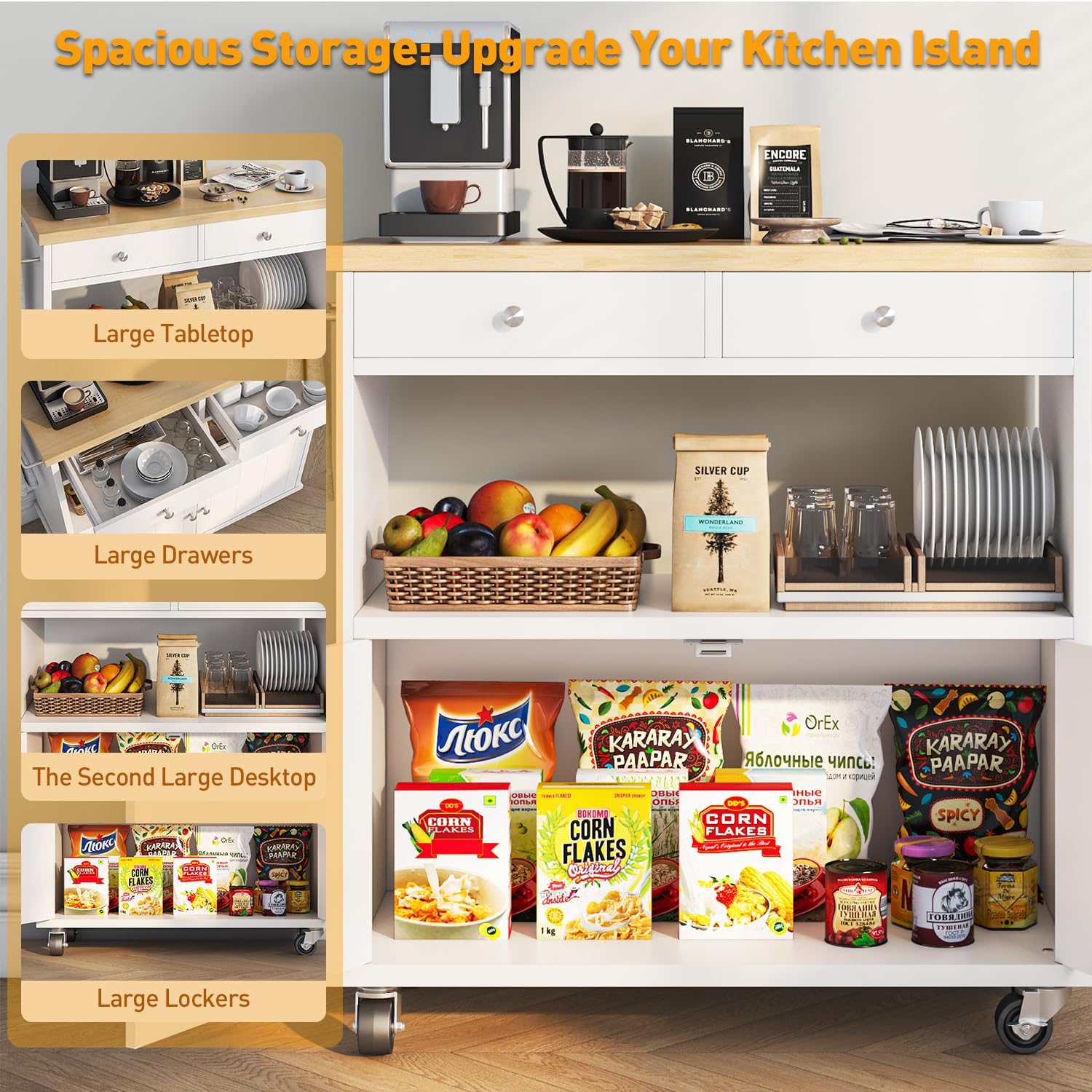 knoworld Rolling Kitchen Island with Storage Cabinet, 35.4'' Width Kitchen Cart, 2 Drawers Island Table, Portable Mobile Kitchen Island with Towel Rack, Wood Top and Lockable Wheels, White