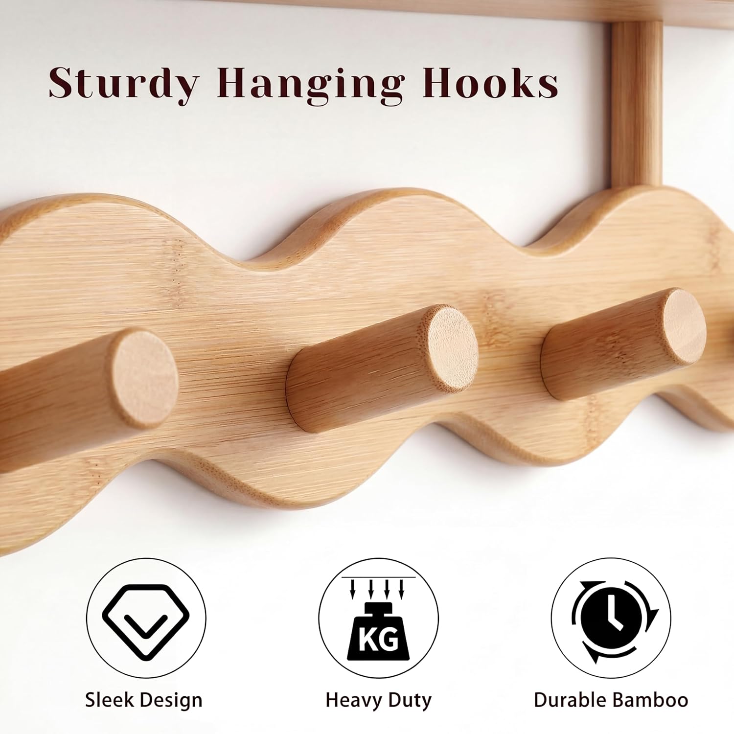 Wave-Shaped Bamboo Coat Rack Wall Mount with Shelves - Modern Decorative Wall Hooks for Entryway, Bathroom & Bedroom,Eco-Friendly Organic Wood Wall Mounted Rack for Hanging Coats, Bags, Keys 4 Hooks