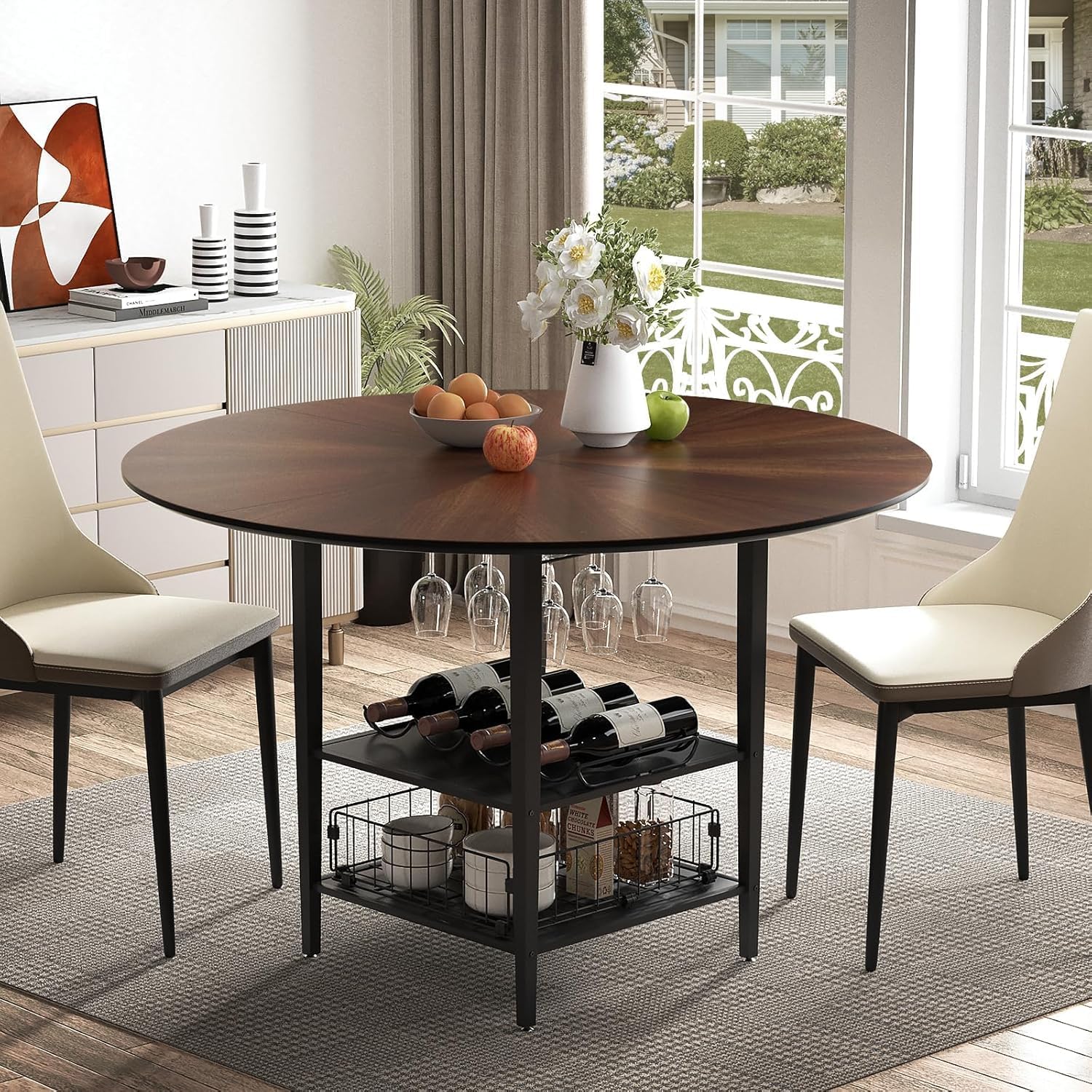VFK 47" Round Kitchen Table Set with Storage Base & Metal Legs, 5-Piece Wooden Dining Set for 4 to 6 People, Includes 4 Upholstered Chairs for Dining Room, Living Room or Kitchen