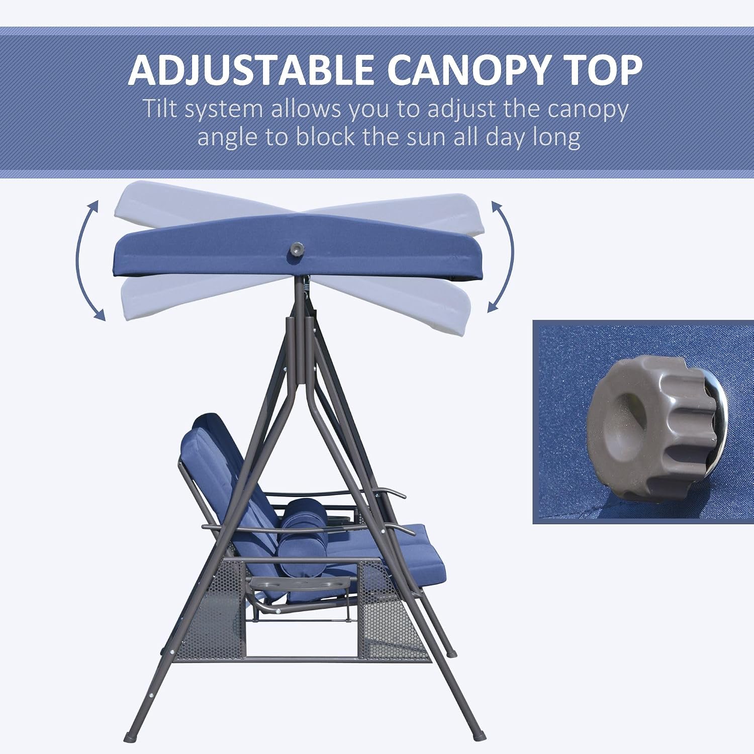 Outdoor Patio Swing Chair for Two with Tilting Canopy and Cushions