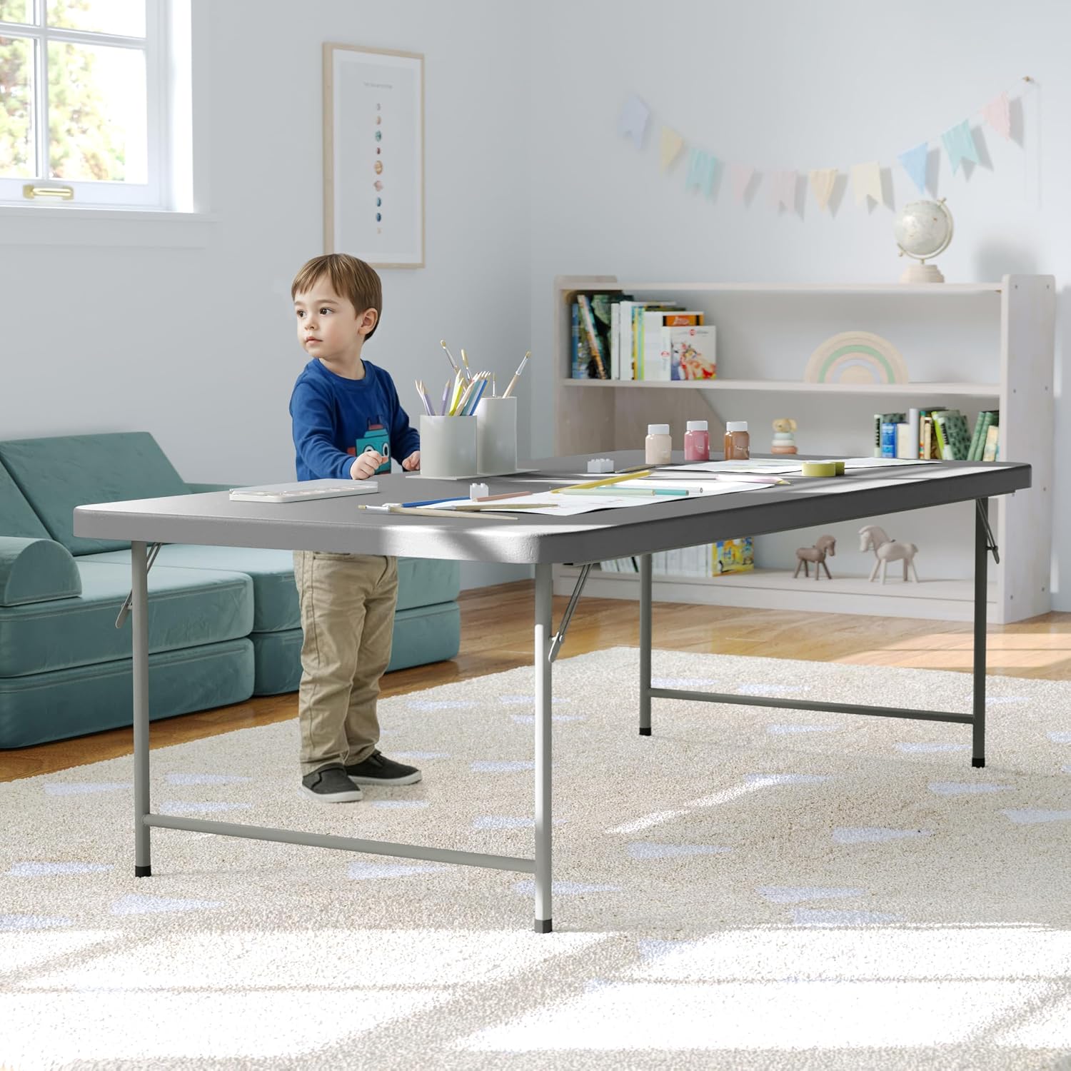 Flash Furniture Paige 4.93' Classroom Activity Table for School and Home, Heavy-Duty Rectangular Plastic Activity Table for Kids, Granite Gray