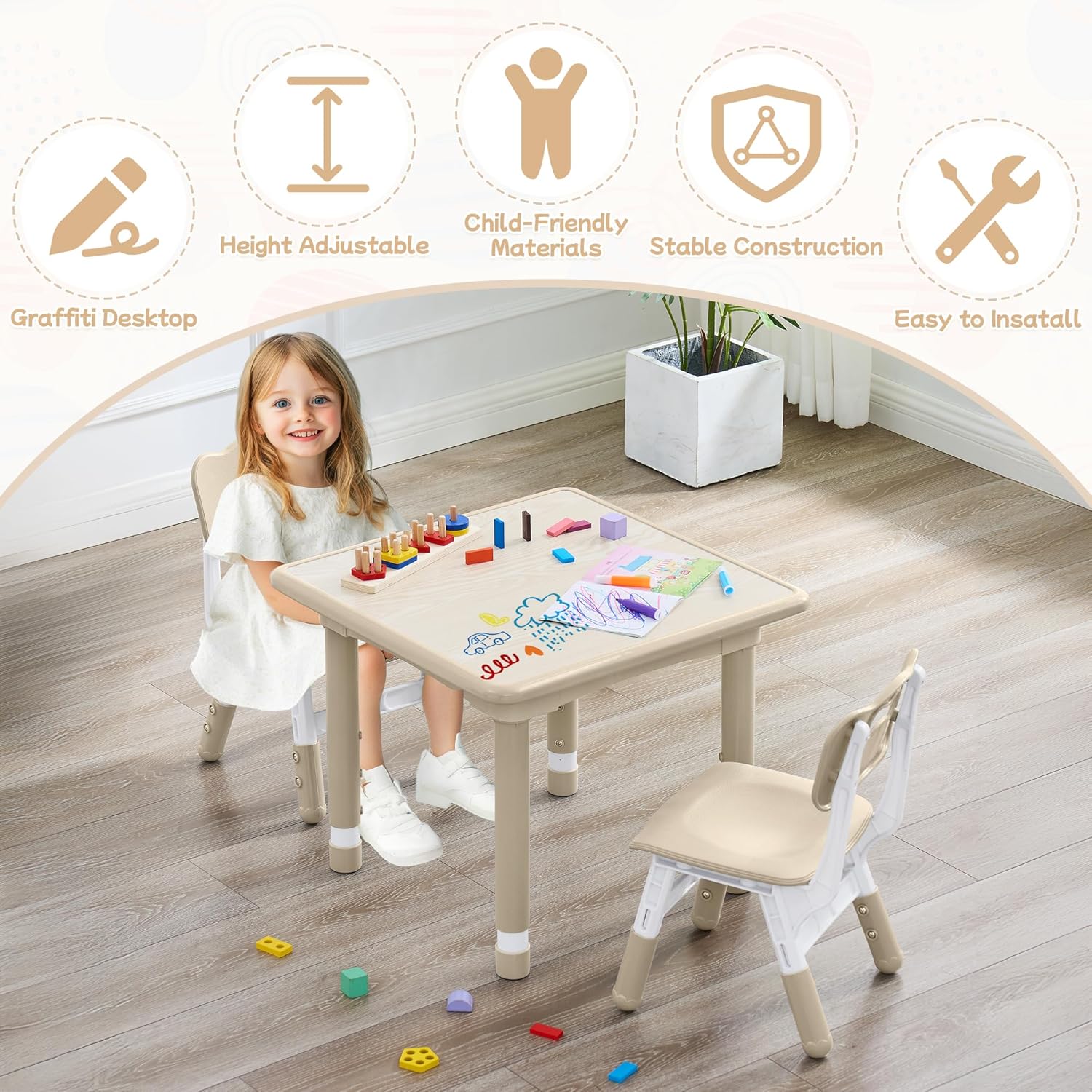 GITAWUSA Toddler Table and Chair Set, Height Adjustable-Upgrade Kids Table and 2 Chairs for Ages 3-8, Multi-Activity Toddler Play Table with Graffiti Desktop for Home/Daycare/Classroom
