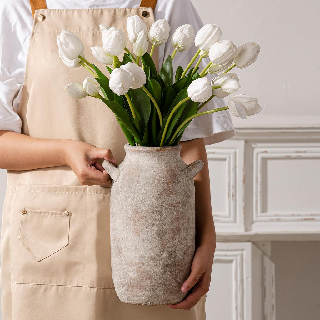 Large Flower Vase Home Decor - Tall Ceramic Farmhouse Rustic Table Vases with Handle Living Room Decoration Decorative Modern Pottery for Floor Kitchen Shelf Coffee Dining Desk Fireplace (12" Retro)