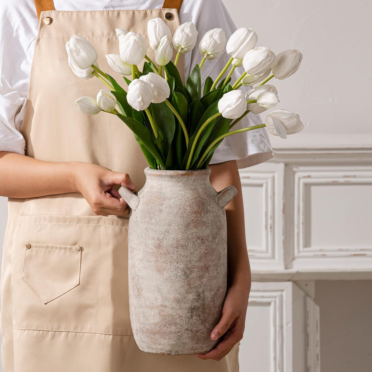 Large Flower Vase Home Decor - Tall Ceramic Farmhouse Rustic Table Vases with Handle Living Room Decoration Decorative Modern Pottery for Floor Kitchen Shelf Coffee Dining Desk Fireplace (12" Retro)