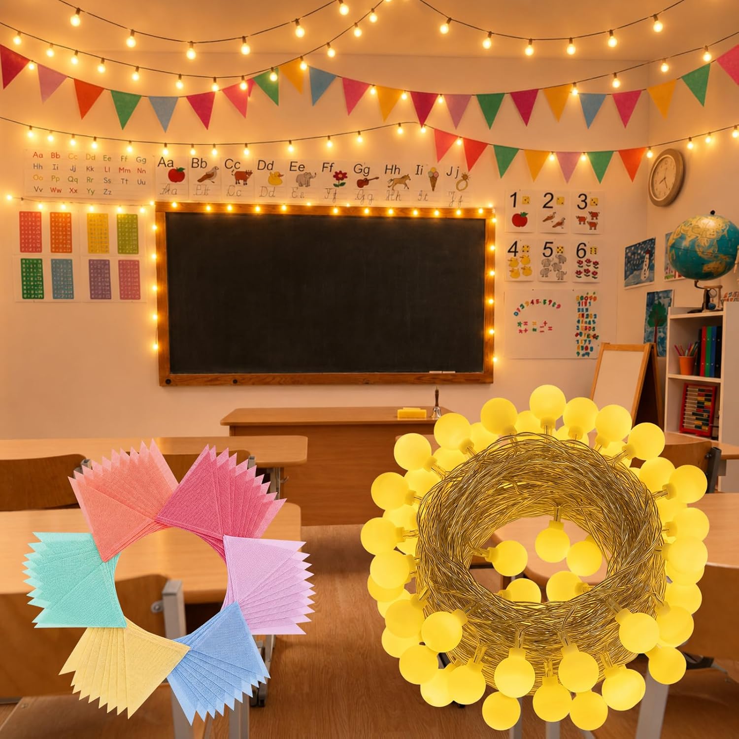 80 LED Hanging String Lights with Banner Flag Decor for Classroom Include 36ft Pastel Pennant Banner Flag 33ft Battery String Lights for Classroom Bulletin Board Wall Display School Decor