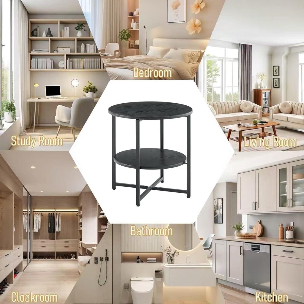Round Wooden Tray Side Table, Foldable Metal Frame Coffee Table, Snack Tray, Living Room Coffee Table, Suitable for Bedrooms, Studies, Living Rooms and Terraces, 22" W x 22" D x 26" H (Black)