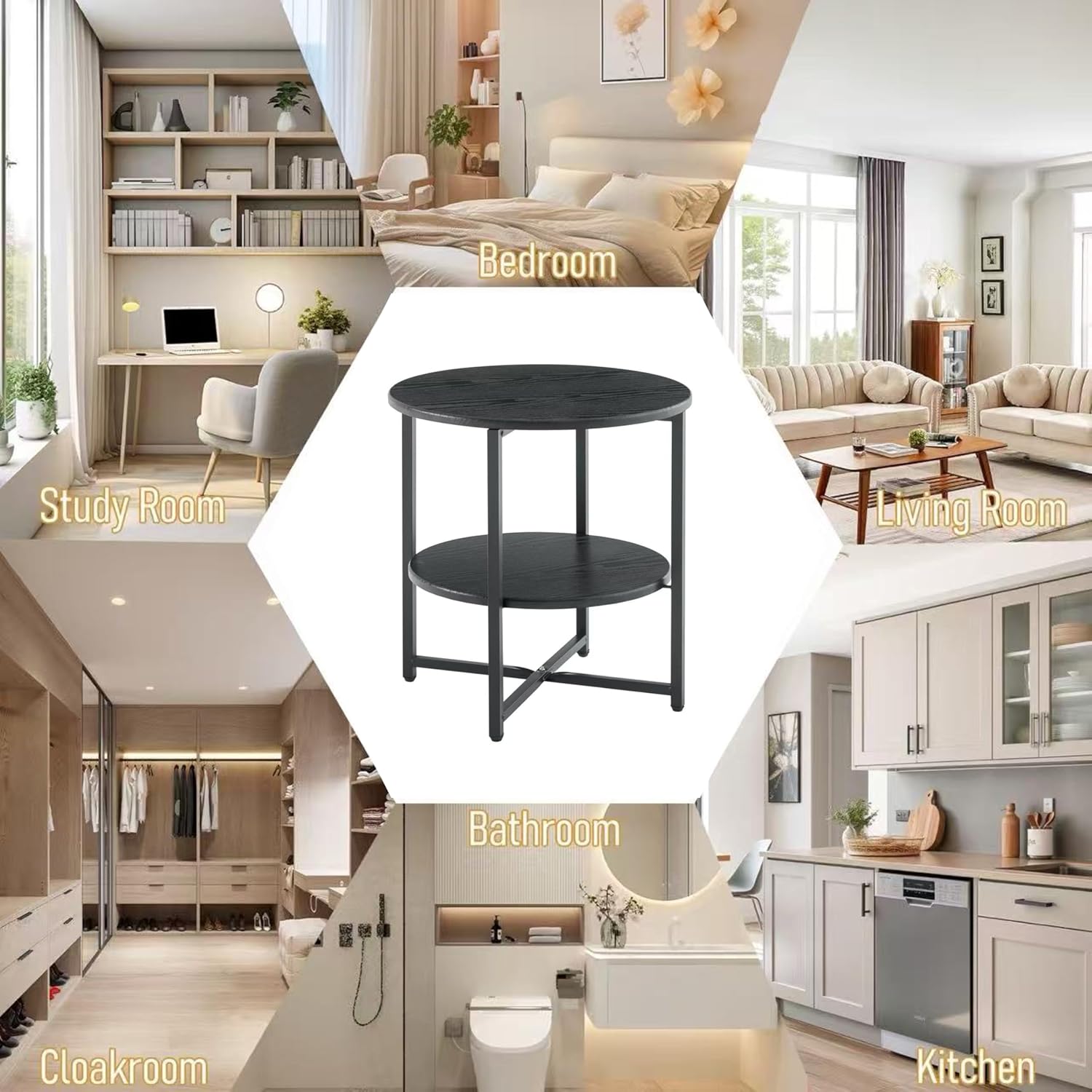 Round Wooden Tray Side Table, Foldable Metal Frame Coffee Table, Snack Tray, Living Room Coffee Table, Suitable for Bedrooms, Studies, Living Rooms and Terraces, 22" W x 22" D x 26" H (Black)