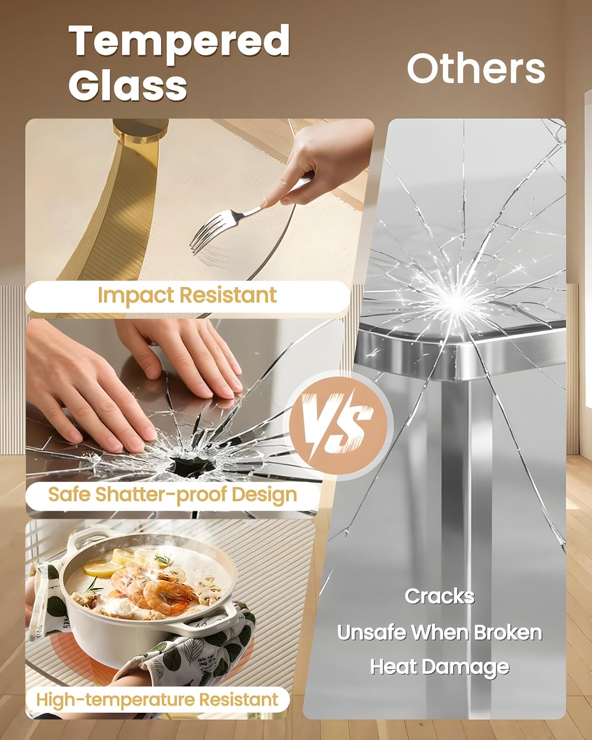 38.9" Round Glass Dining Table for 2-4, Modern Glass Dining Room Table with Tempered Glass Top & Stainless Steel Legs, Round Kitchen Table for Small Space, Apartment(Gold)