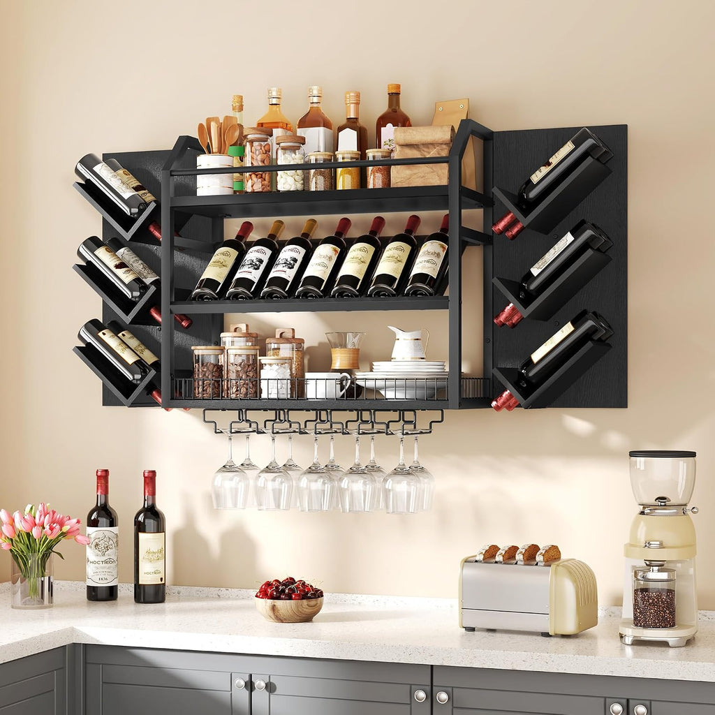 Hoctieon 48.6" Wall Mounted Wine Rack, 3 Tier Hanging Wine Racks with Glass Holder, Large Capacity Bar Shelves, Metal Wood Bottle Display Storage for Kitchen, Home Bar, Dining Room, Black