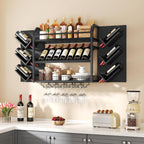 Hoctieon 48.6" Wall Mounted Wine Rack, 3 Tier Hanging Wine Racks with Glass Holder, Large Capacity Bar Shelves, Metal Wood Bottle Display Storage for Kitchen, Home Bar, Dining Room, Black