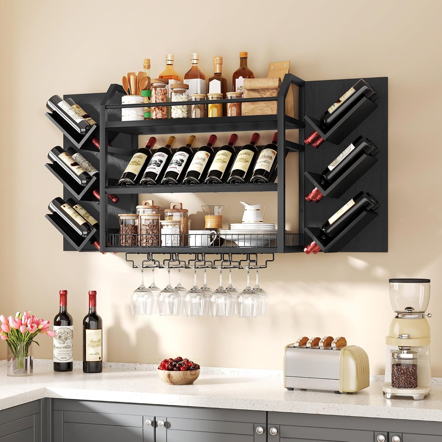 Hoctieon 48.6" Wall Mounted Wine Rack, 3 Tier Hanging Wine Racks with Glass Holder, Large Capacity Bar Shelves, Metal Wood Bottle Display Storage for Kitchen, Home Bar, Dining Room, Black