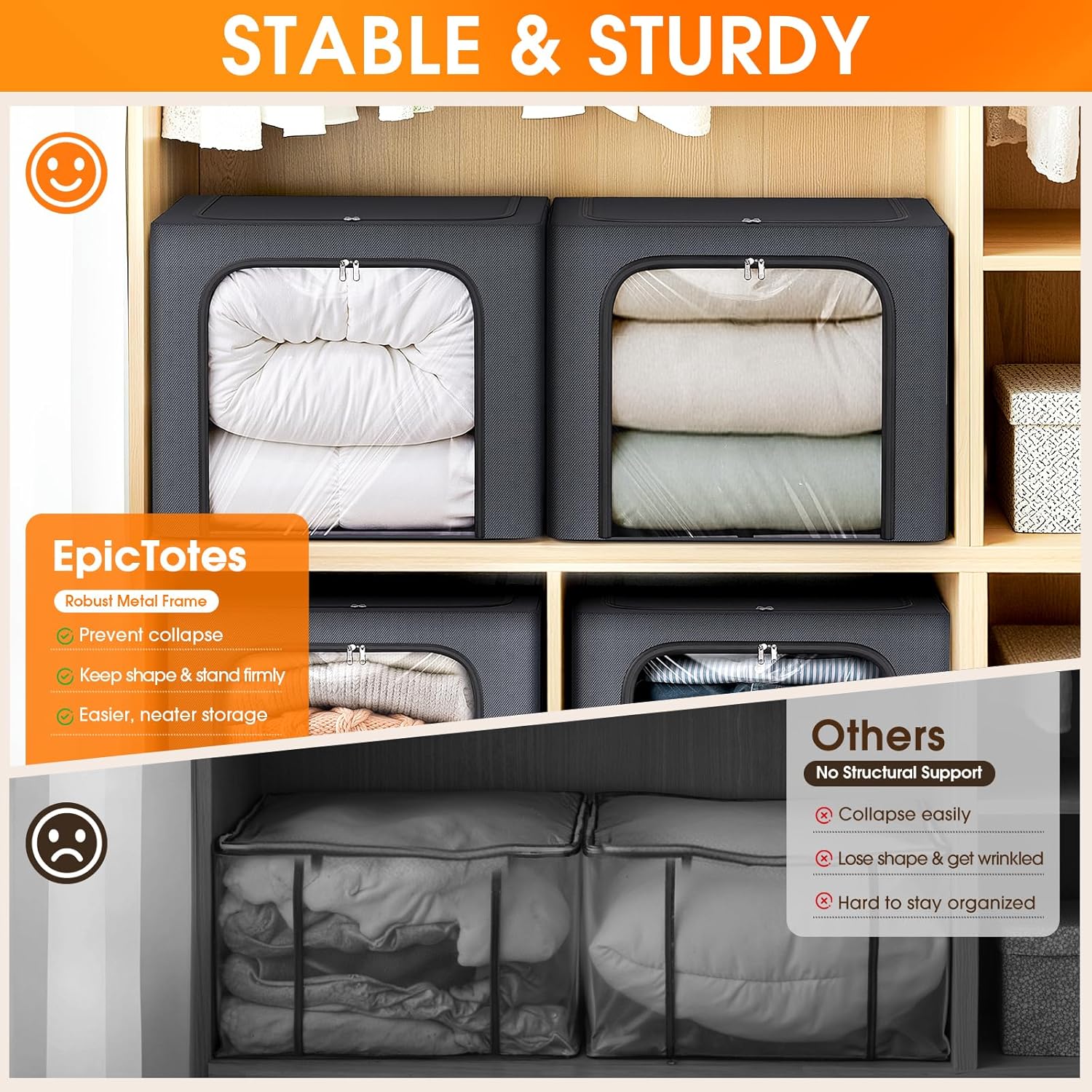3 Pack Clothes Storage Bins with Metal Frame,40L Storage Bags Fabric Box Organizer with Clear Window,Zippers,Sturdy Handles(3 Pcs,Light Grey,40L)