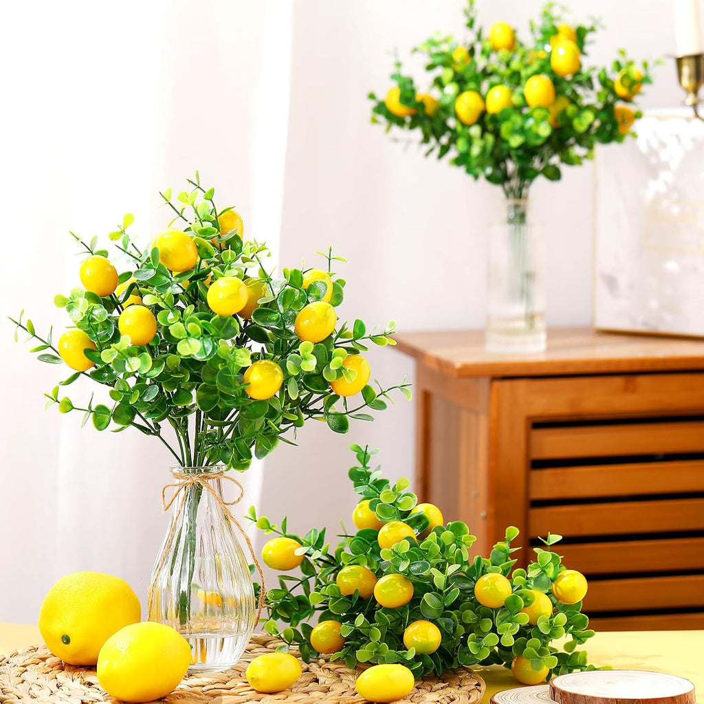 Tigeen 12 Pack Lemon for Decoration Fake Lemon Branches Artificial Vivid Yellow Faux Lemons Tables Centerpiece for Kitchen Stem Fruits for Home Spring Summer Decor