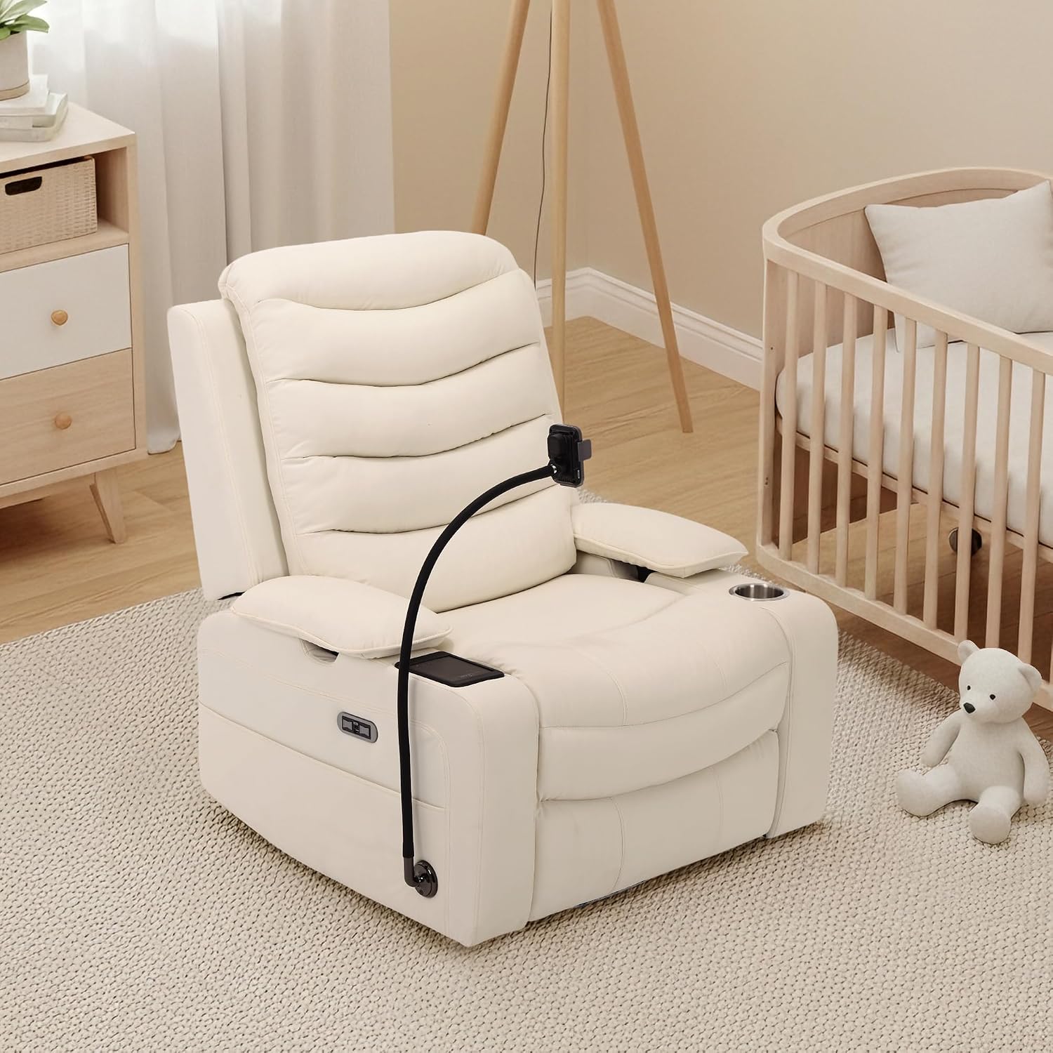 Olela Power Glider Recliner Nursery Chair, Leather Swivel Rocking Chair with Electric Lumbar Support, USB Charging, Smart Cup Holder, Light, Adjustable Armrest, Wireless Phone Charger Holder