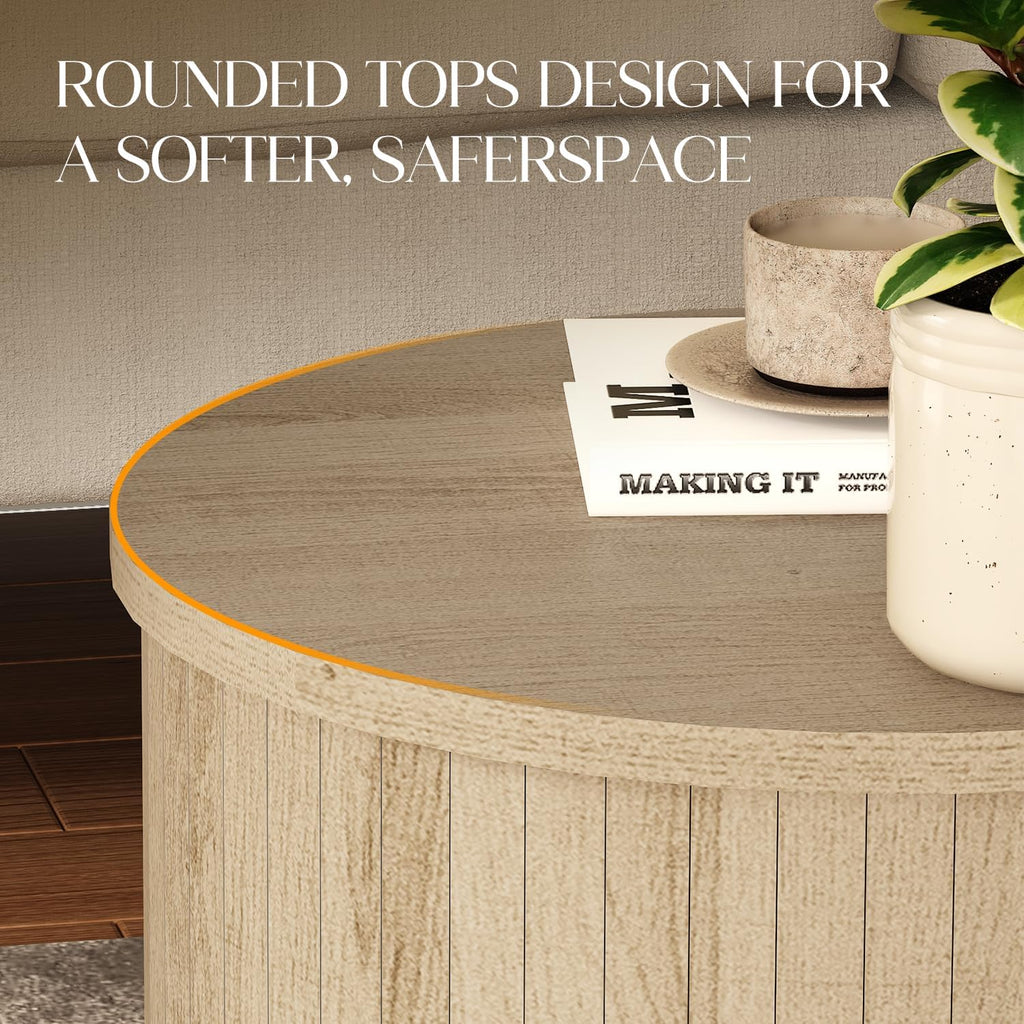 Round Fluted End Table for Living Room, Modern Wooden Sofa Couch Side Table for Small Spaces, 21.9" H Nightstand Set of 2 for Bedroom (Oslo Oak)