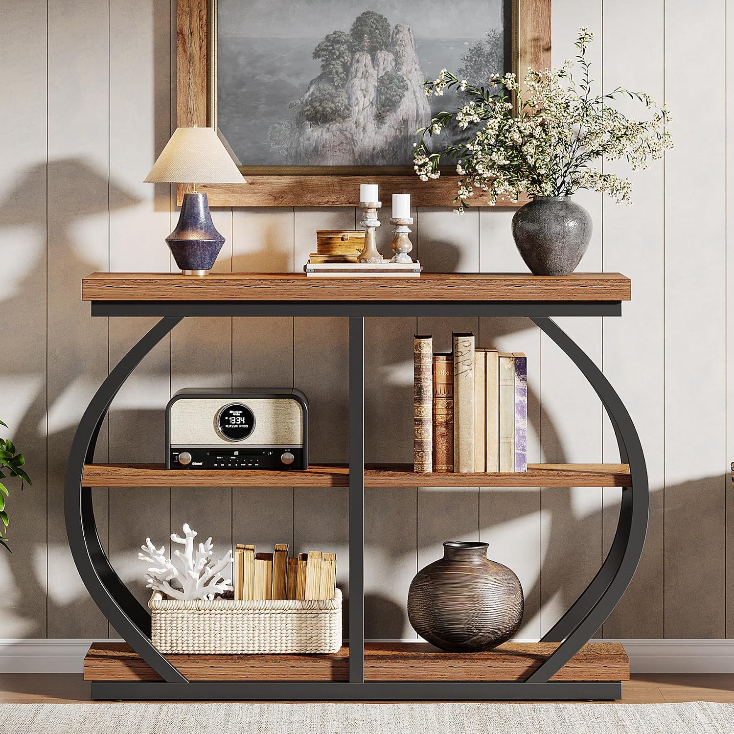 Tribesigns 41.3" Console Table, Industrial 3-Tier Entryway Table with Arched Metal Frame and Storage Shelves for Living Room, Hallway, Mix Brown