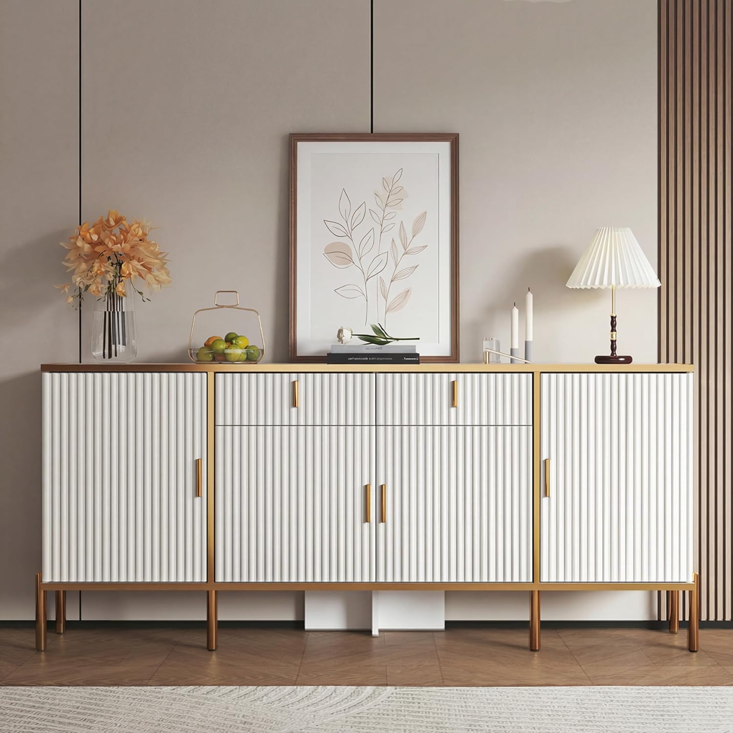 60" Modern Kitchen Buffet Cabinet, Buffets & Sideboard with Storage, Adjustable Shelves, Fluted Doors, Accent Cabinet with Drawers for Kitchen, Living Room, Hallway, White