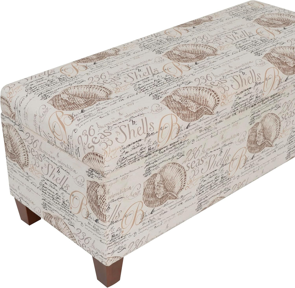 Linon Carmen Ivory and Beige Seashell Upholstered Lift Top Storage Ottoman with Wooden Feet