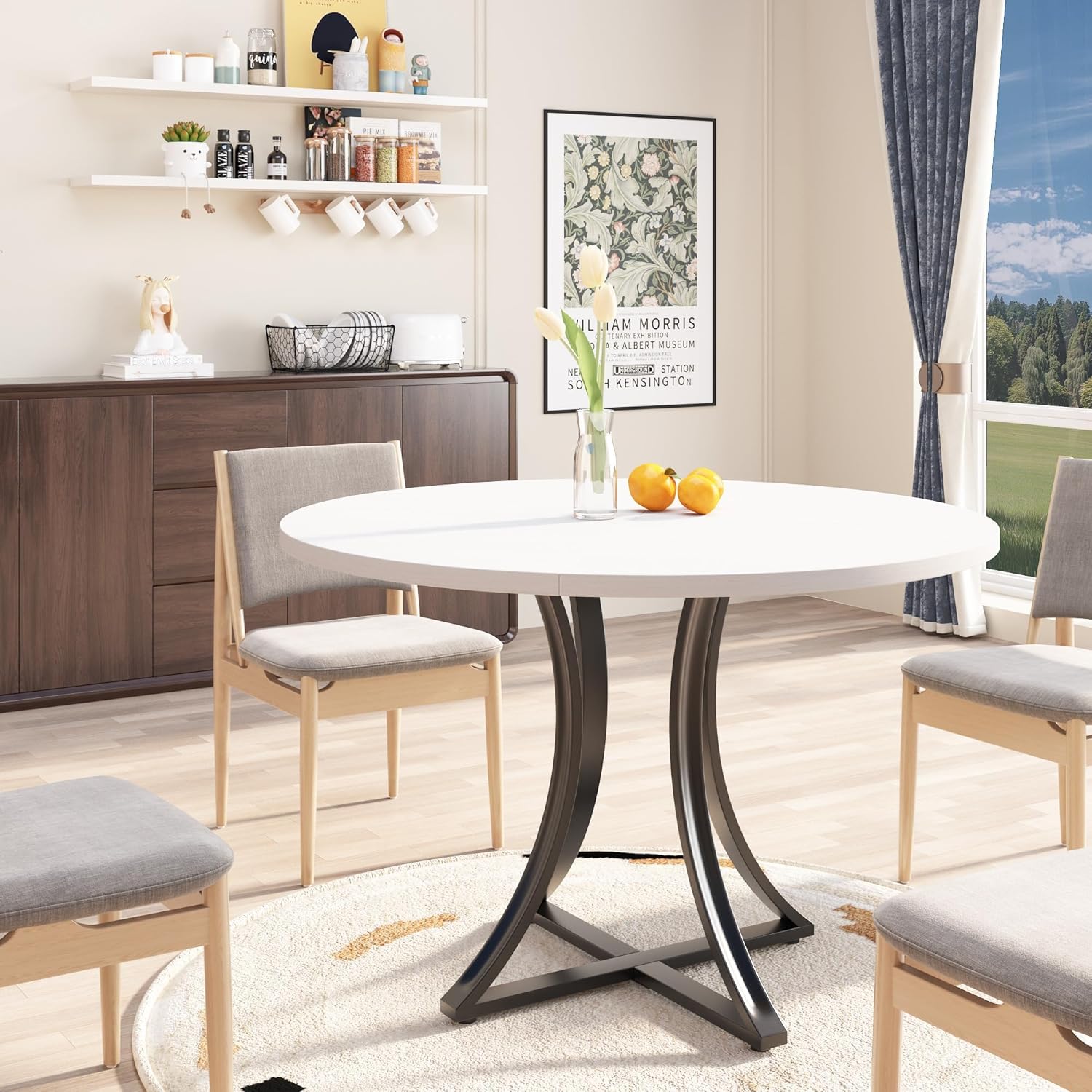 Modern Industrial Round Dining Table 47 Inch, x-Shaped Stable Pedestal, Space-Saving Small Kitchen Table for 4-6 People, Easy to Assemble for Dining Room Living Room,White