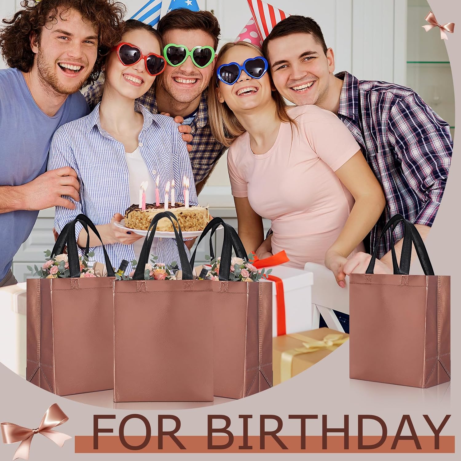 Eccliy Reusable Gift Bags Set Glossy Grocery Gift Tote Bag with Handle for Wedding, Bridal Shower, 4th of July, Summer Event(10 x 8 x 4.7 Inch,Coffee,80 Pcs)