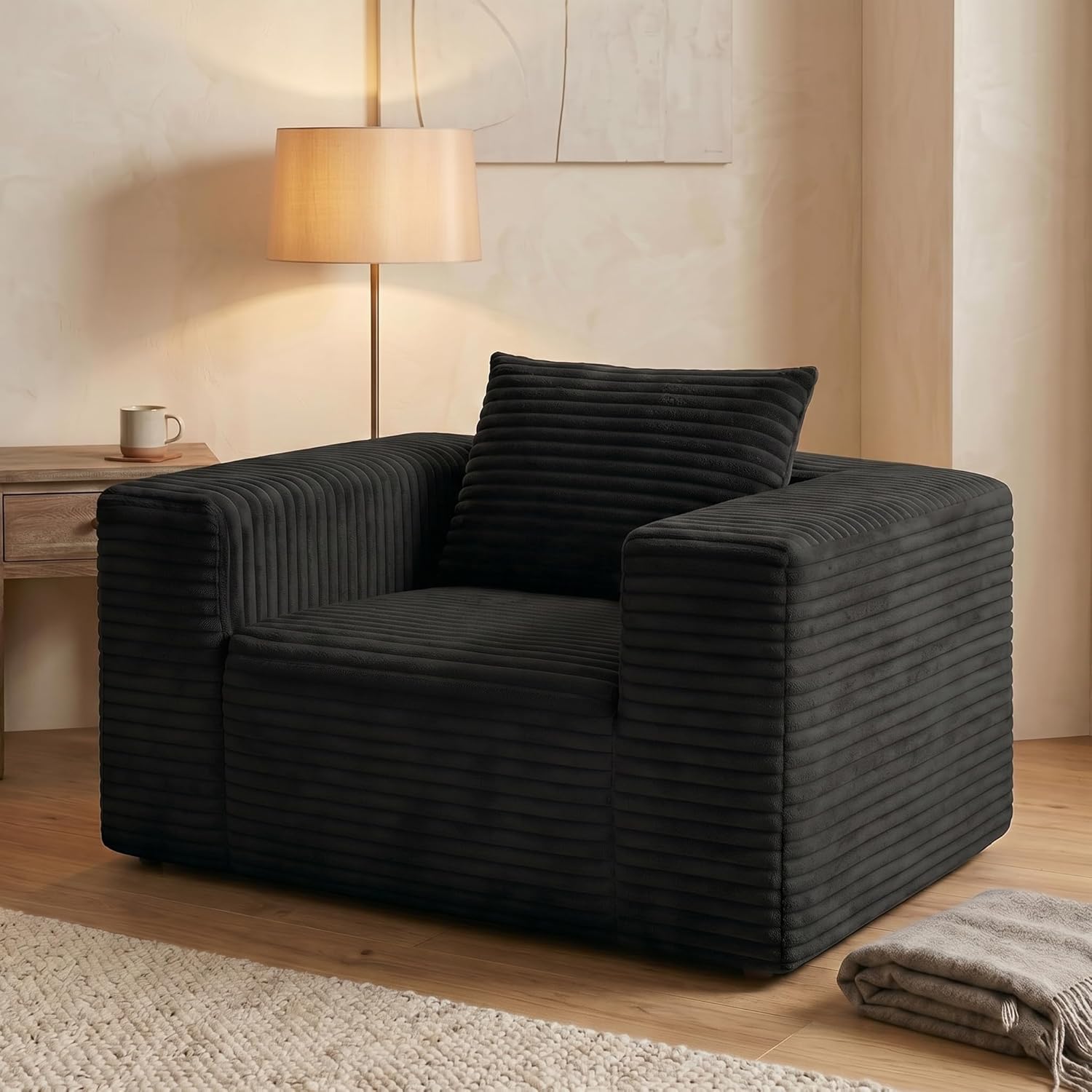 Mini Boneless Single Sofa Chair, Corduroy Cloud Couch with Pillow & Wide Armrests, High-Density Foam Reading Lounge for Living Room & Bedroom – No Assembly Required, Black