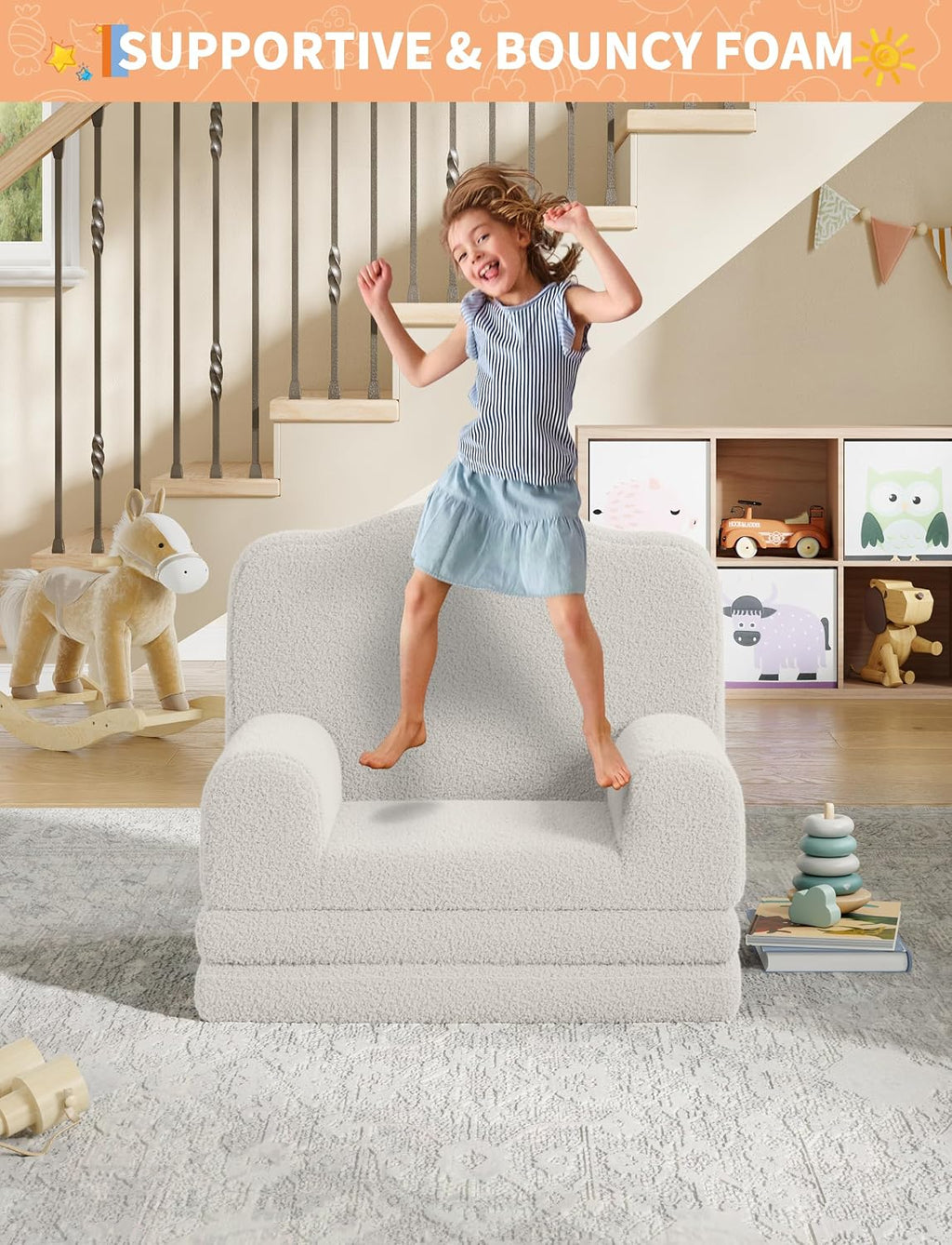 Kids Sofa Chair, Sherpa Convertible Toddler Couch with Washable Cover, Crown Design Comfy Children's Reading Chair, Fold Out Sofa Bed for Playroom, Nursery, Girls & Boys