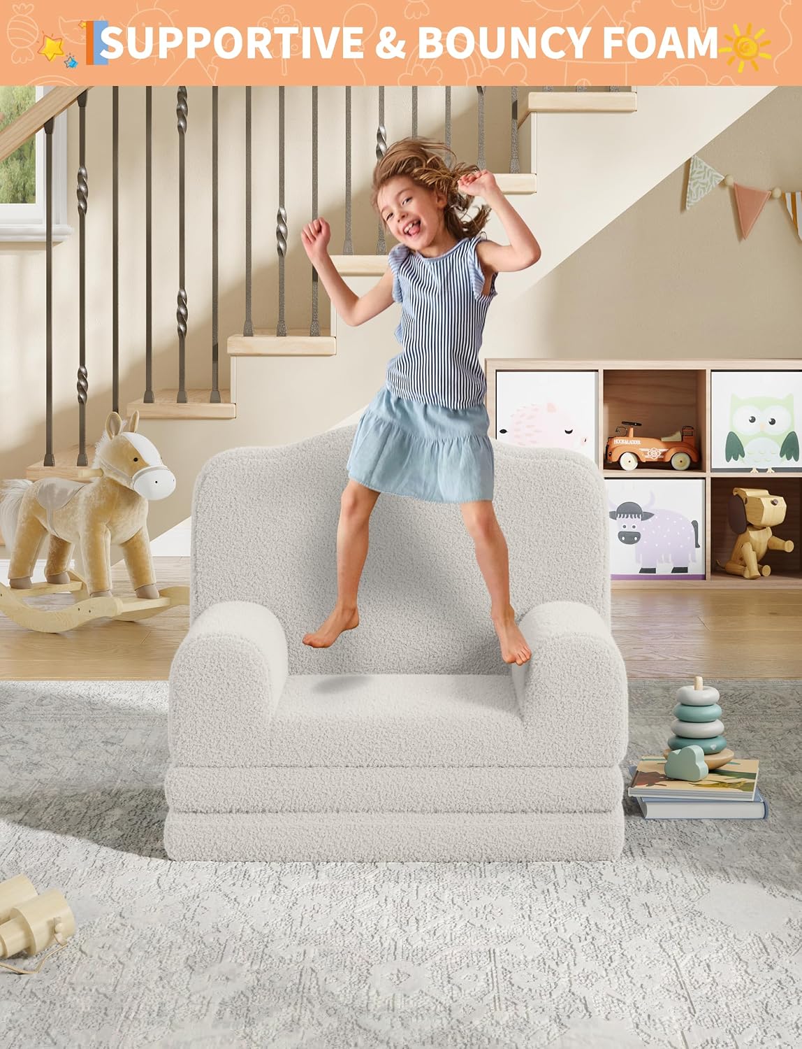 Kids Sofa Chair, Sherpa Convertible Toddler Couch with Washable Cover, Crown Design Comfy Children's Reading Chair, Fold Out Sofa Bed for Playroom, Nursery, Girls & Boys