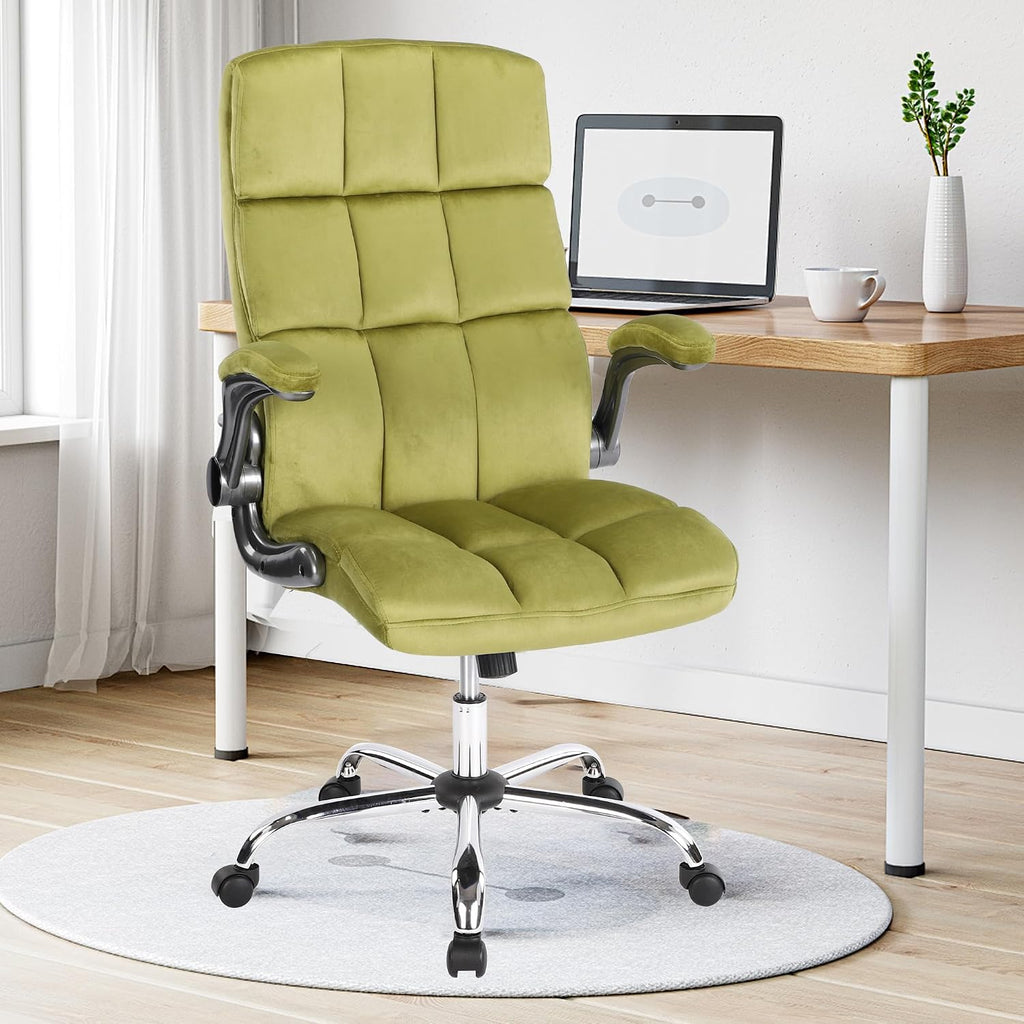 Comfy Green Office Chair with Flip up Arms for Women, Height Adjustable Fabric Swivel Rocking Chair, Velvet Office Desk Chairs Makeup Vanity Chair with Back and Wheels
