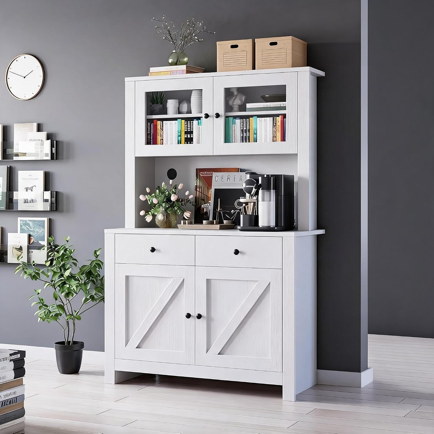 Freestanding Kitchen Pantry Cabinet with Microwave Countertop, Tall Storage Hutch Buffet Cupboard with Adjustable Shelves & Tempered Glass Door, Multifunctional Storage Cabinet for Kitchen Dining Room