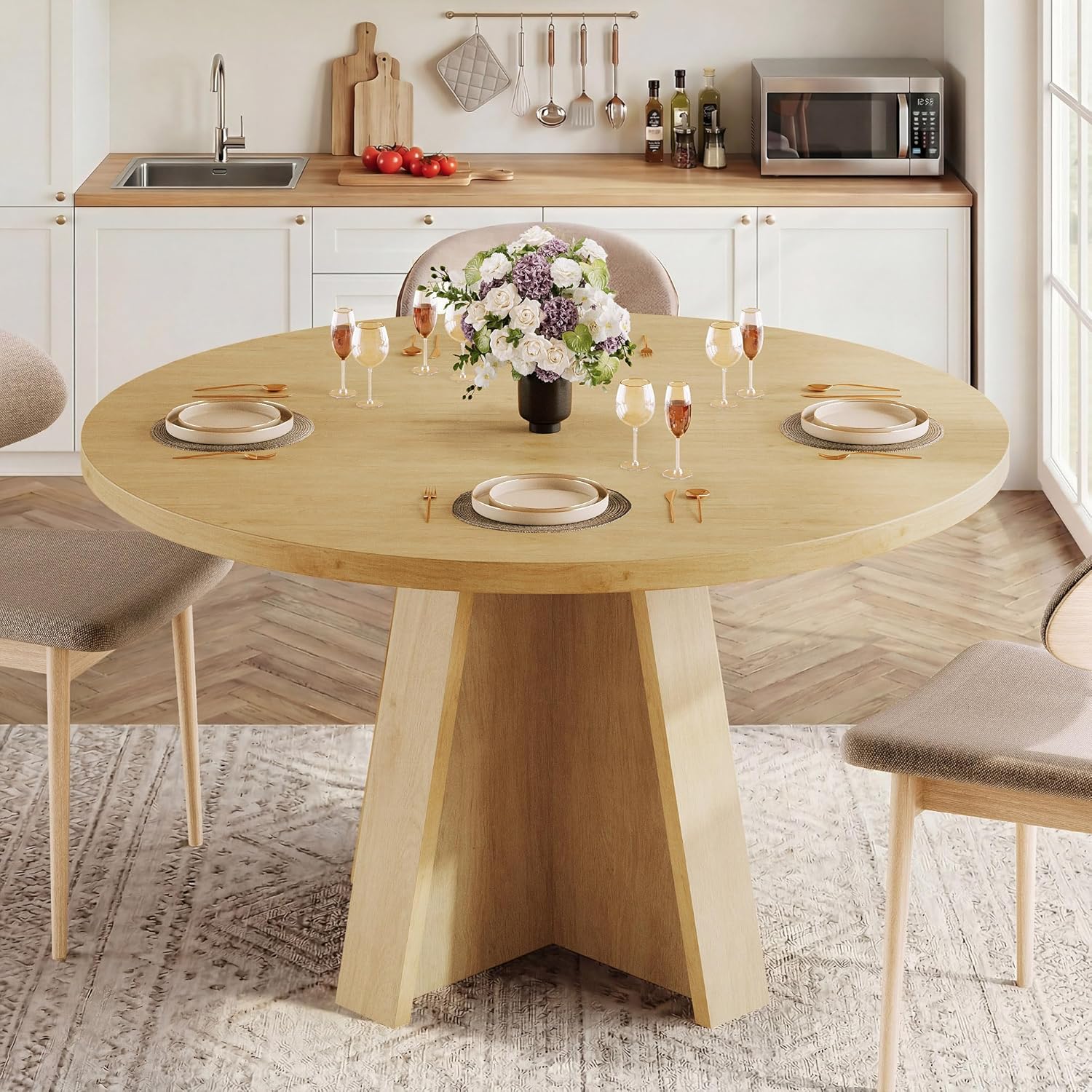 iPormis 47-Inch Round Dining Table for 4-6 People, Modern Wooden Kitchen Table for Dining Room, Farmhouse Circle Dinner Tables Furniture for Kitchen Living Room, Natural
