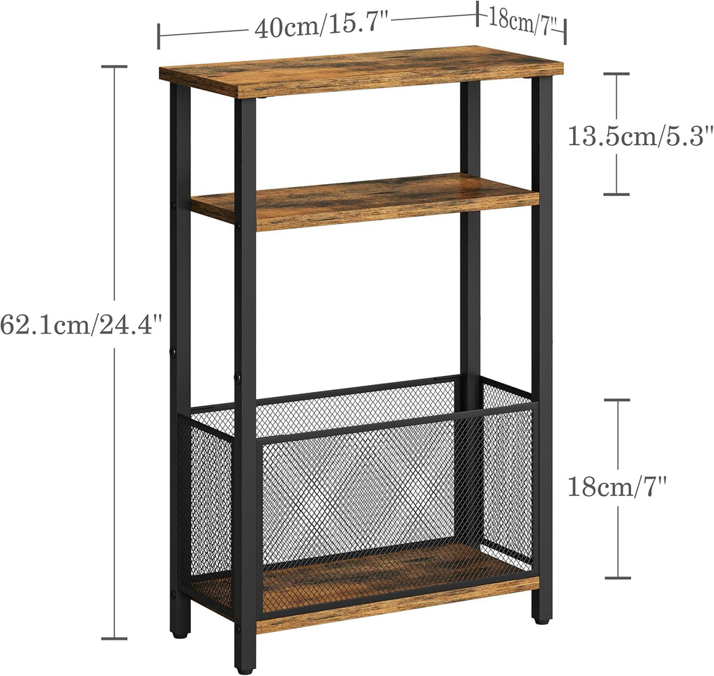 MMEOLUOOK Narrow Side Table with Storage Basket Skinny End Tables for Smalls Spaces 3 Tier Sofa Table Small Nightstand Slim Bedside Table for Living Room Bedroom Rustic Brown MLBZ22RB