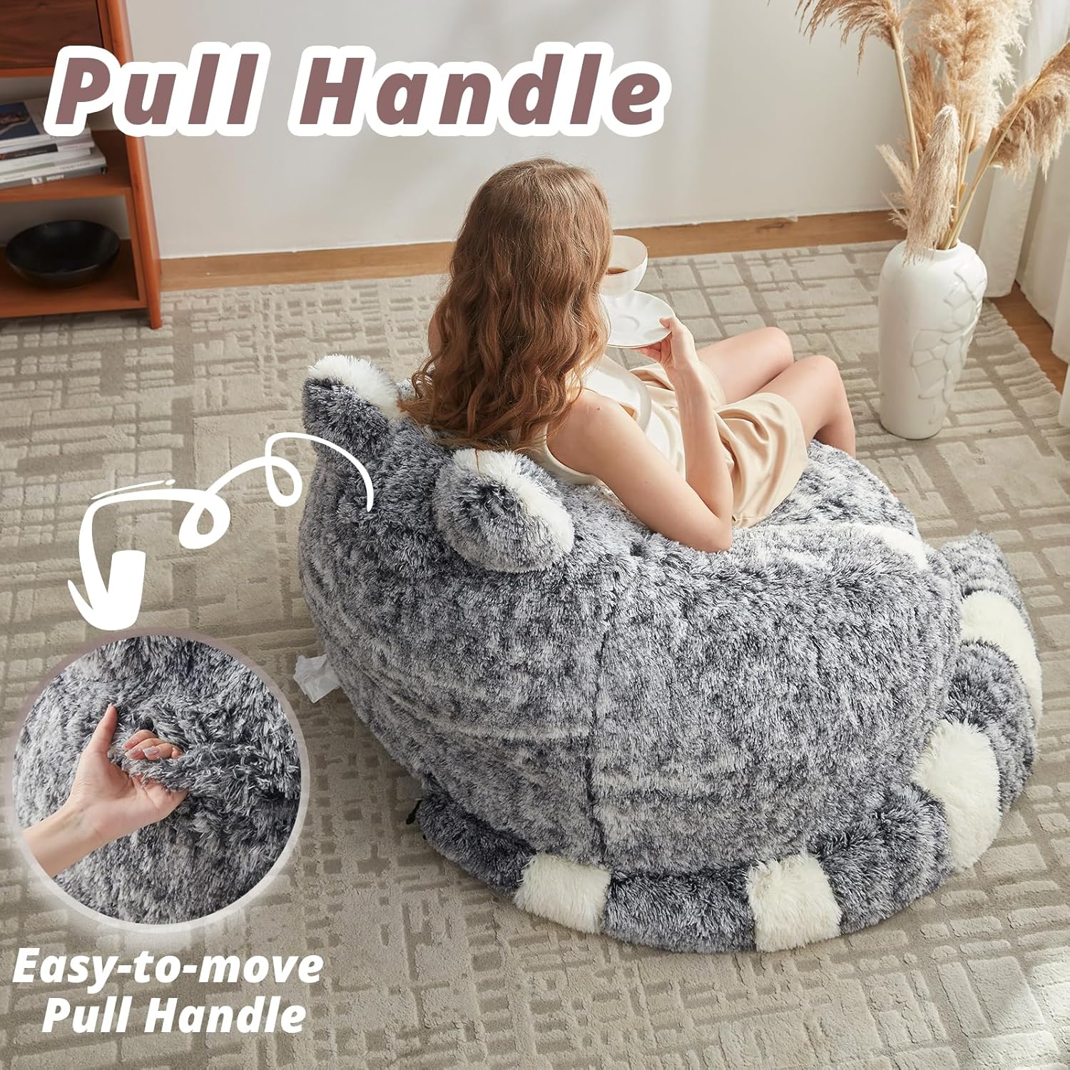 EBENCHICO Giant Bean Bag Chair for Adults Teens, Raccoon Shaped Faux Fur Bean Bag Sofa with Filler, Plush Beanbag Couch with Tail Pillow for Gaming, Reading, Bedroom, Dorm