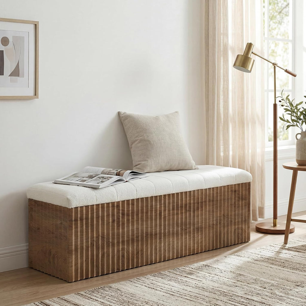 LITTLE TREE Upholstered End of Bed Storage Bench, 63" Farmhouse Wooden Entryway Bench with Cushion, Padded Ottoman with Shoe Storage for Bedroom, Living Room, Hallway, Window, Foot of Bed