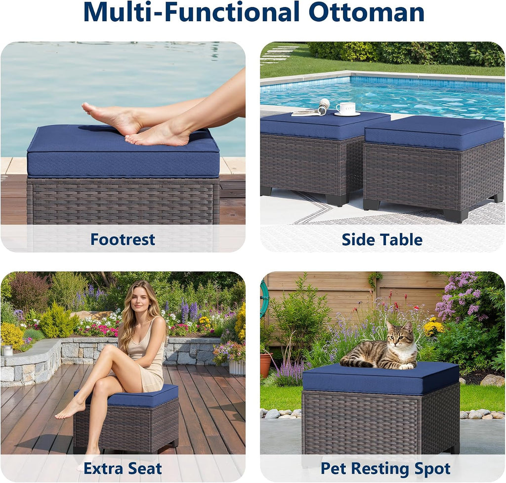 Kullavik Outdoor Ottoman Set of 2,All-Weather PE Wicker Outdoor Footstool with Thickened Cushions for Garden,Backyard,Deck,Porch,Poolside,Navy Blue