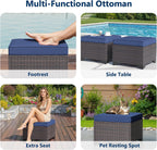 Kullavik Outdoor Ottoman Set of 2,All-Weather PE Wicker Outdoor Footstool with Thickened Cushions for Garden,Backyard,Deck,Porch,Poolside,Navy Blue