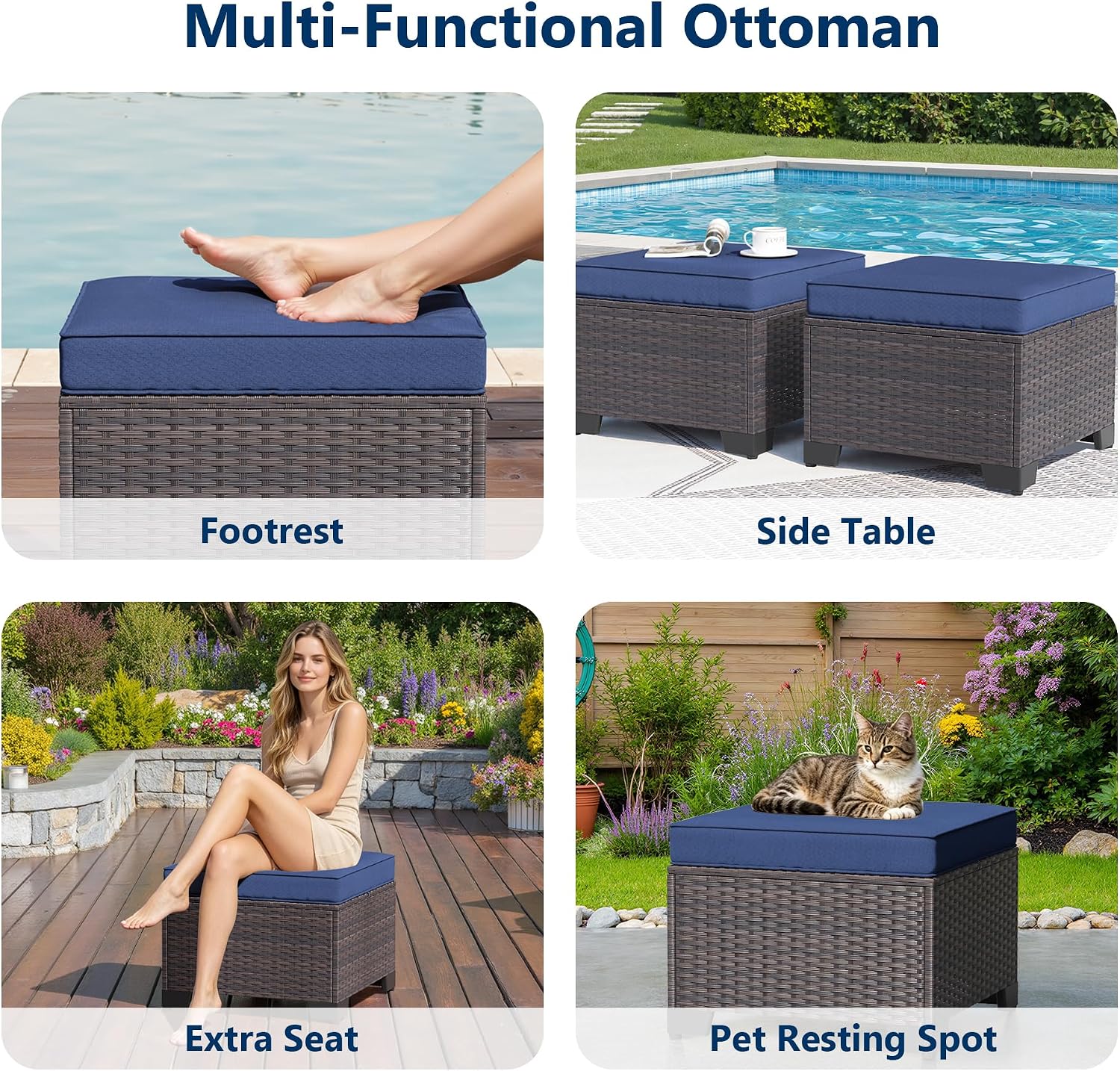 Kullavik Outdoor Ottoman Set of 2,All-Weather PE Wicker Outdoor Footstool with Thickened Cushions for Garden,Backyard,Deck,Porch,Poolside,Navy Blue