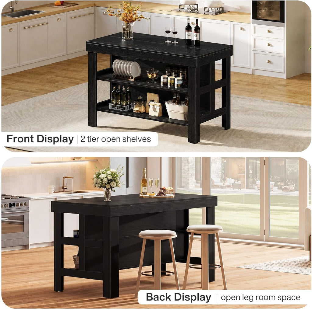 Tribesigns Kitchen Island with Seating and Storage Shelves, 55.1-Inch Breakfast Counter Farmhouse Island Table for Kitchen Dining Room (Black)