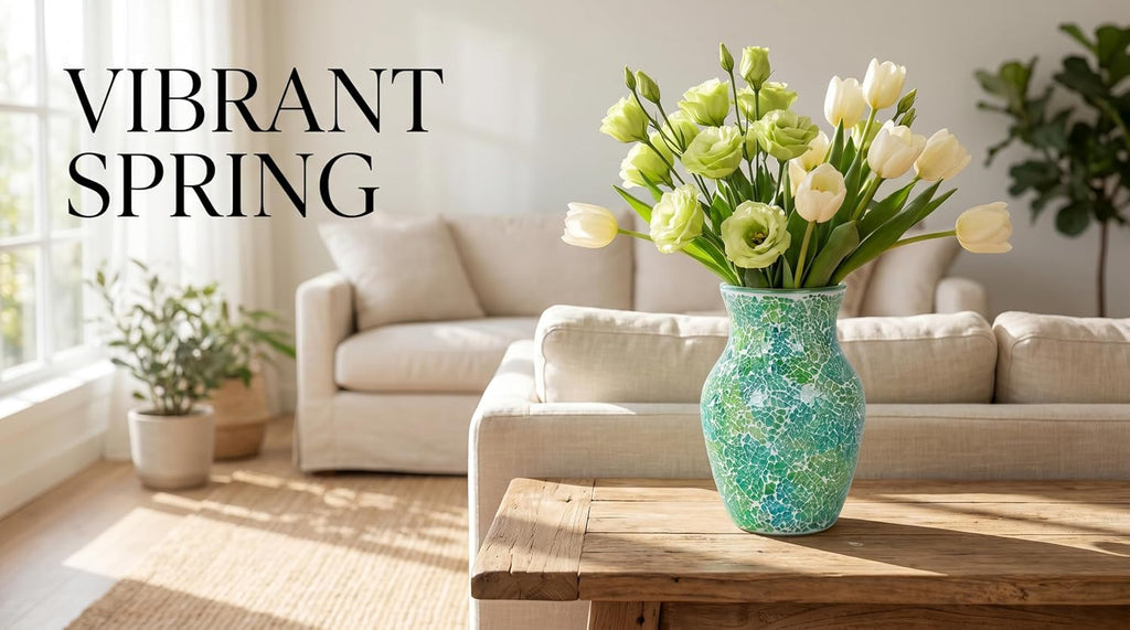 8" Organic Green Mosaic Vase, Heavy Glass Healing Spring Decor Centerpiece, Hand-Pasted Crackle Glass Flower Vase with Anti-Slip Base, Boho Nature Accent for Living Room & Bathroom