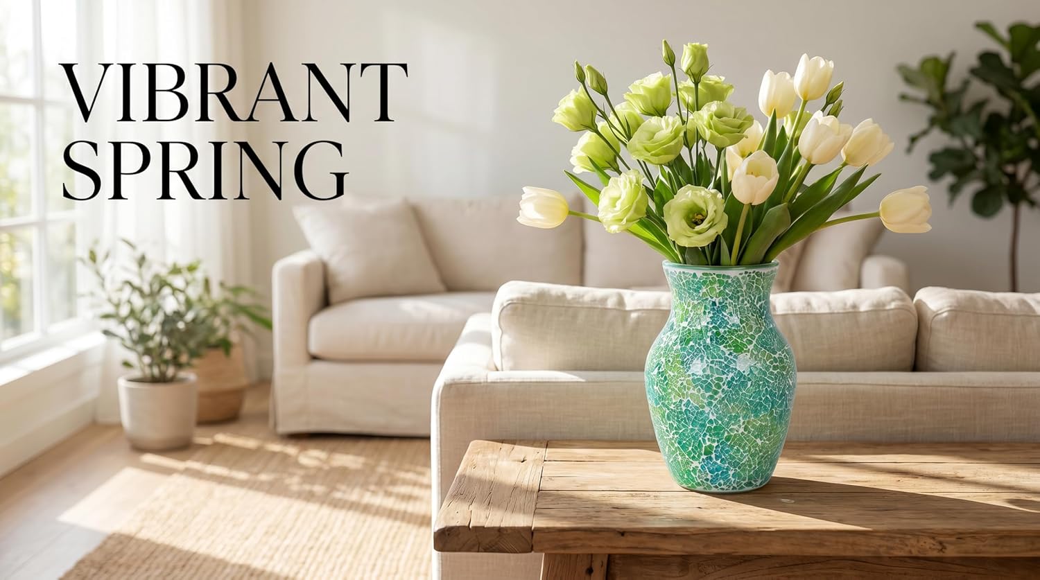 8" Organic Green Mosaic Vase, Heavy Glass Healing Spring Decor Centerpiece, Hand-Pasted Crackle Glass Flower Vase with Anti-Slip Base, Boho Nature Accent for Living Room & Bathroom