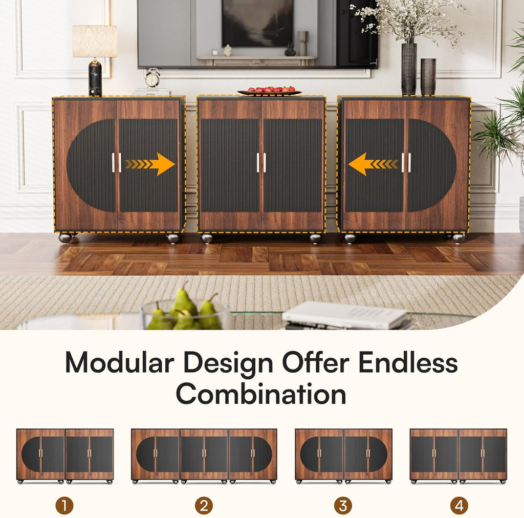 29" Fluted Modular Buffet Cabinet with Arched Doors & Gold Handles, Mid Century Modern Sideboard Credenza Storage with Adjustable Shelves, Wood Coffee Bar Console Table for Dining Living Room